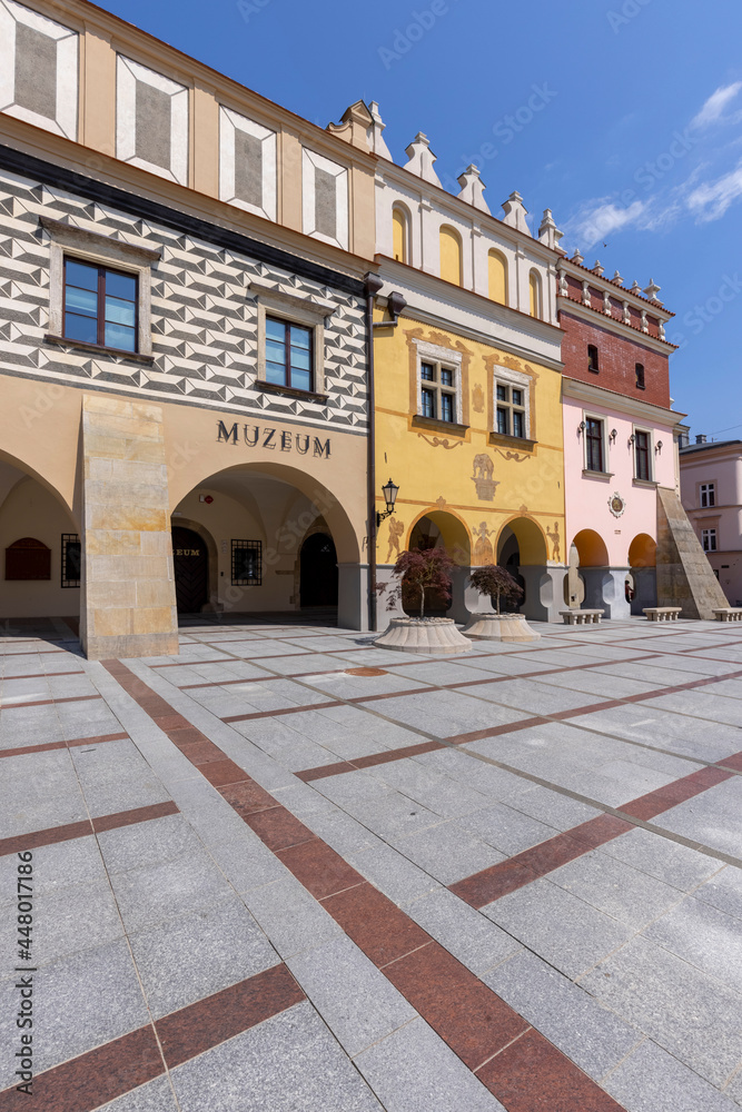 Town square with renaissance, colorful tenement houses, Tarnow, Poland