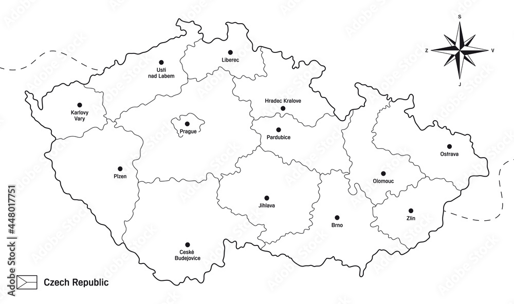 Vector simple black and white line map of the Czech Republic with marked regions and the names of regional cities.