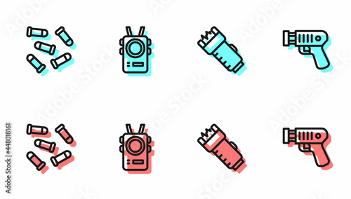 Set line Police electric shocker, Bullet, body camera and icon. Vector