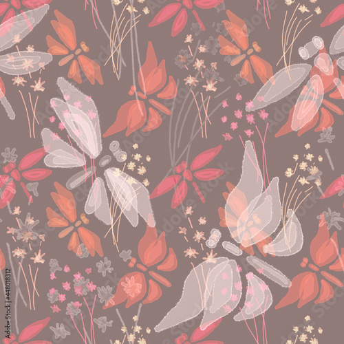 Seamless summer pattern. Colored butterflies  dragonflies and flowers.