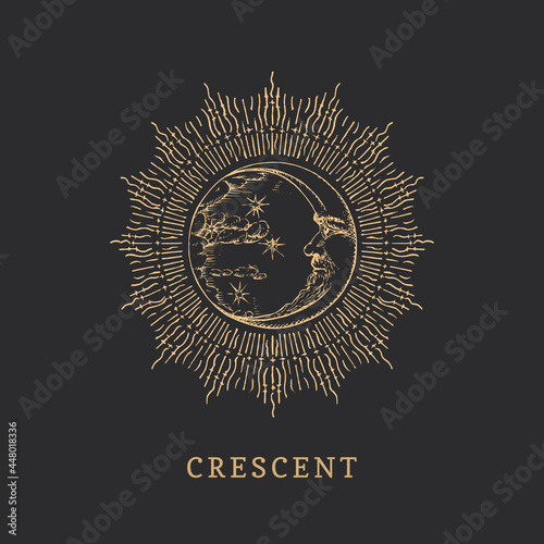 Crescent in halo. Moon drawn in engraving style.