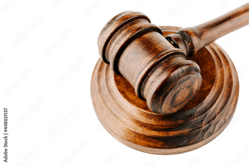 The judge's hammer on a light background, top view. The concept of law.