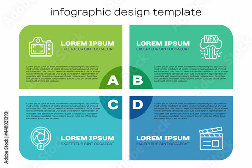 Set line Camera shutter, Photo camera, Movie clapper and VFX. Business infographic template. Vector