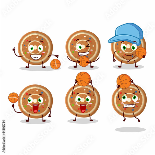 Talented gingerbread round cartoon character as a basketball athlete