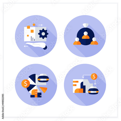 Asset management flat icons set. Financial resources. Digital management, human capital, total asset count, value.Business concept. Vector illustration