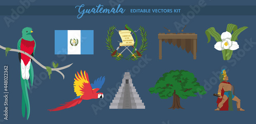 Guatemala Vectors, National Symbols and culture, Coat of Arms, marimba, Monja Blanca flower, quetzal, ceiba tree, Tecún Umán, Tikal Mayan Pyramid, Templo del Gran Jaguar, scarlet macaw - EPS photo