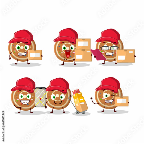 Cartoon character design of gingerbread round working as a courier