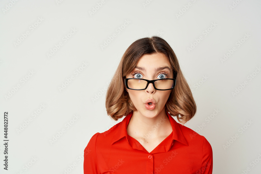 woman in red shirt work office manager