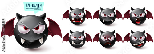 Smileys halloween emoji vector set. Smiley emojis creepy bat character collection isolated in white background for graphic design elements. Vector illustration