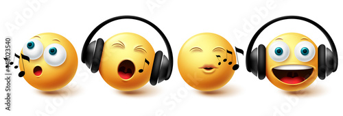 Smiley music emoji vector set. Smileys emoticon with headphones singing and listening icon collection isolated in white background for graphic design elements. Vector illustration
