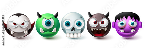 Smileys demon emoji vector set. Smiley emojis halloween red mascot character collection isolated in white background for graphic design elements. Vector illustration
