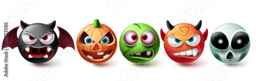 Smileys halloween vector set. Smiley emojis halloween character graphic elements in creepy, horror and scary character collection isolated in white background. Vector illustration
