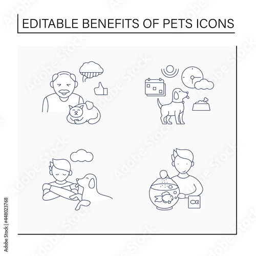 Pets benefits line icons set. Fish feed, ease loneliness, help adults with Alzheimer disease, change schedule. Different pets.Animal caring concept. Isolated vector illustrations.Editable stroke