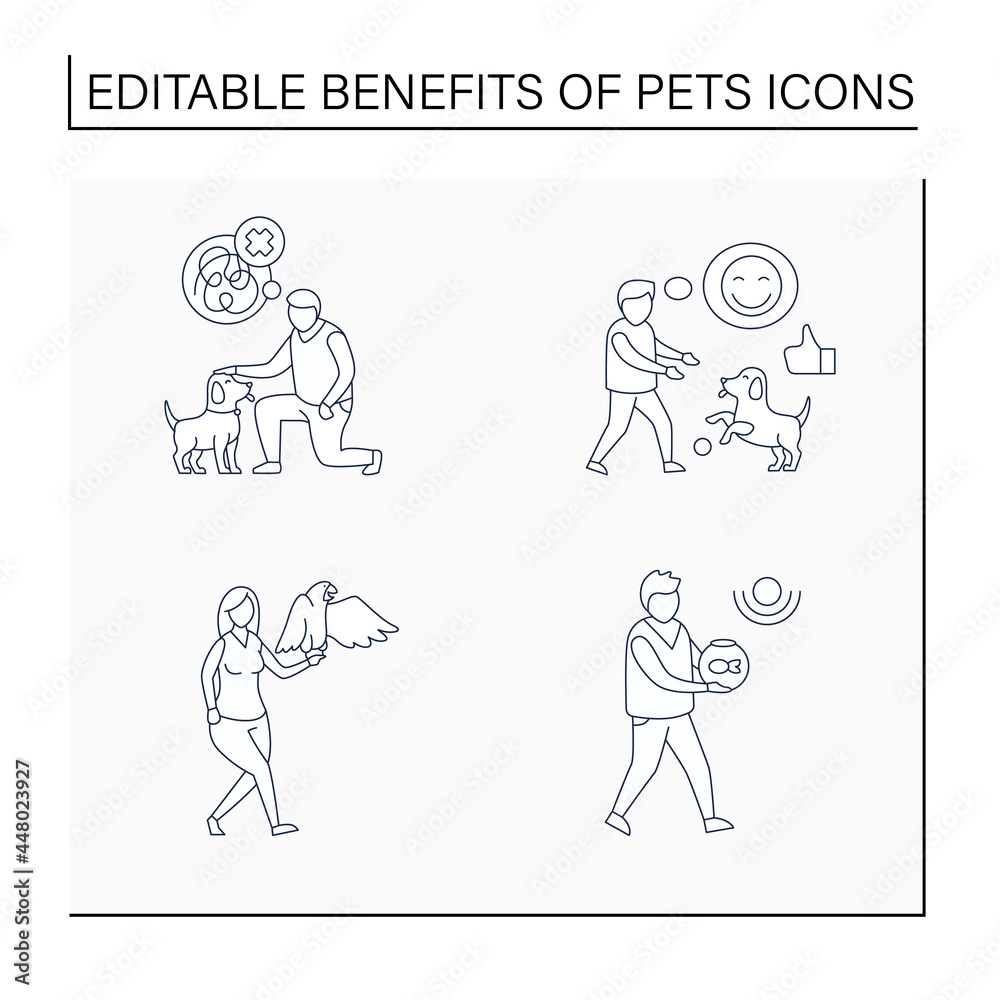 Pets benefits line icons set. Help relieve depression, anxiety, lower stress levels. Different pets.Animal caring concept. Isolated vector illustration.Editable stroke Pets benefits line icons set. Help relieve depression, anxiety, lower stress levels. Different pets.Animal caring concept. Isolated vector illustration.Editable stroke