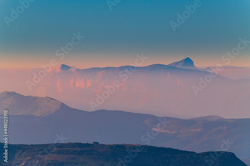 Beautiful sunset at Mont Ventoux in French with a gradient purple and blue clear sky photo