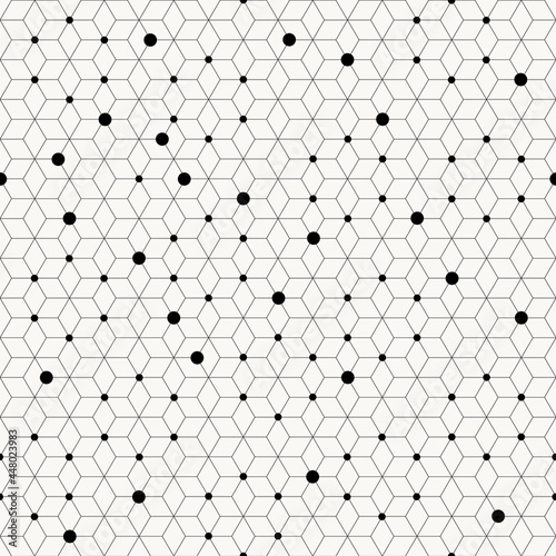 Seamless repeat geometric vector pattern. Modern stylish texture. Rhombus and nodes, circles variously sized in nodes. Triangular, diamond mesh background. Parametric pattern.