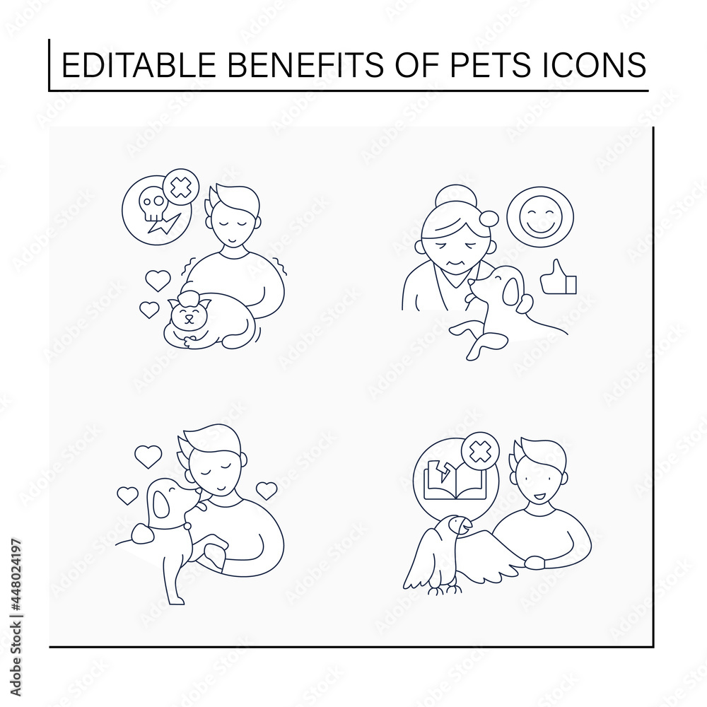 Pets benefits line icons set. Help relieve depression, anxiety, lower stress levels. Different pets.Animal caring concept. Isolated vector illustration.Editable stroke Pets benefits line icons set. Help relieve depression, anxiety, lower stress levels. Different pets.Animal caring concept. Isolated vector illustration.Editable stroke