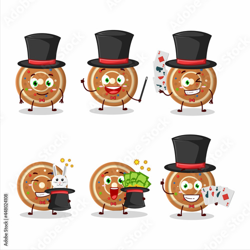 A gingerbread round Magician cartoon character perform on a stage