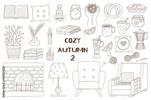 A set of decorative elements. Autumn, cozy home, hugge. Furniture, interior, cafe, fireplace, jam, lamp. Design collection of outline doodles. Black and white vector illustration. Isolated on white