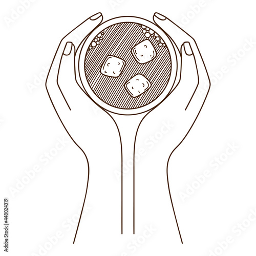 A cup of coffee with marshmallows in a woman's hands. Top view. Design element with outline. Doodle, hand-drawn. Black white vector illustration. Isolated on a white background