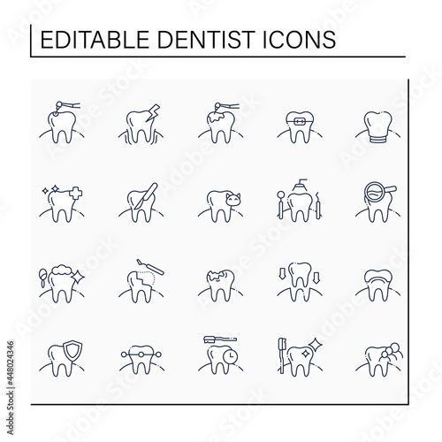Dentist line icons set. Modern and healthy teeth care concept. Veterinary dentistry, treatment, screening, cosmetic dentistry etc. Isolated vector illustration. Editable stroke