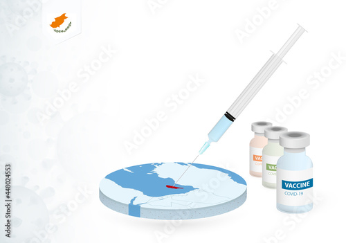 Vaccination in Cyprus with different type of COVID-19 vaccine. Сoncept with the vaccine injection in the map of Cyprus.