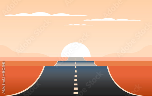 Flat vector illustration of a desert landscape on sunset with perpective view of a highway, distant mountains, clouds and setting sun. photo