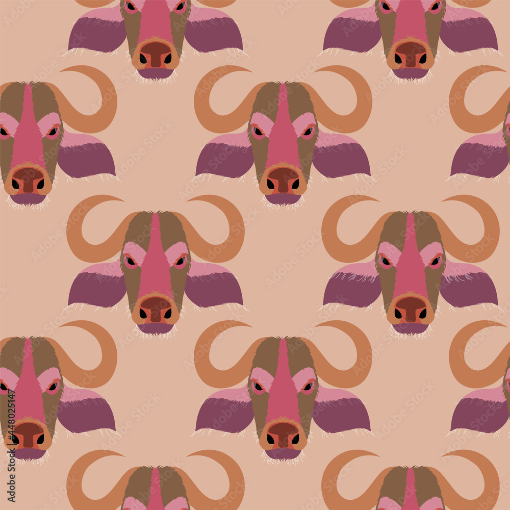 Seamless pattern with the image of a buffalo head.