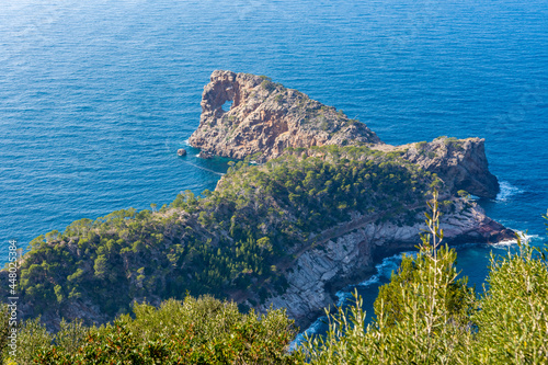 Aerial view of landscape island of Sa Foradada city in Spain and sea in background photo