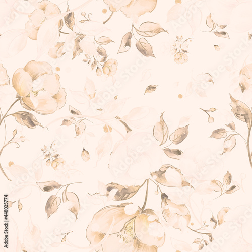 Fototapeta Naklejka Na Ścianę i Meble -  Watercolor seamless pattern of light flowers. Plain background. Beautiful print for decoration of textiles and design. Art drawing. Paints, paper, pencil, graphic, pastel. 