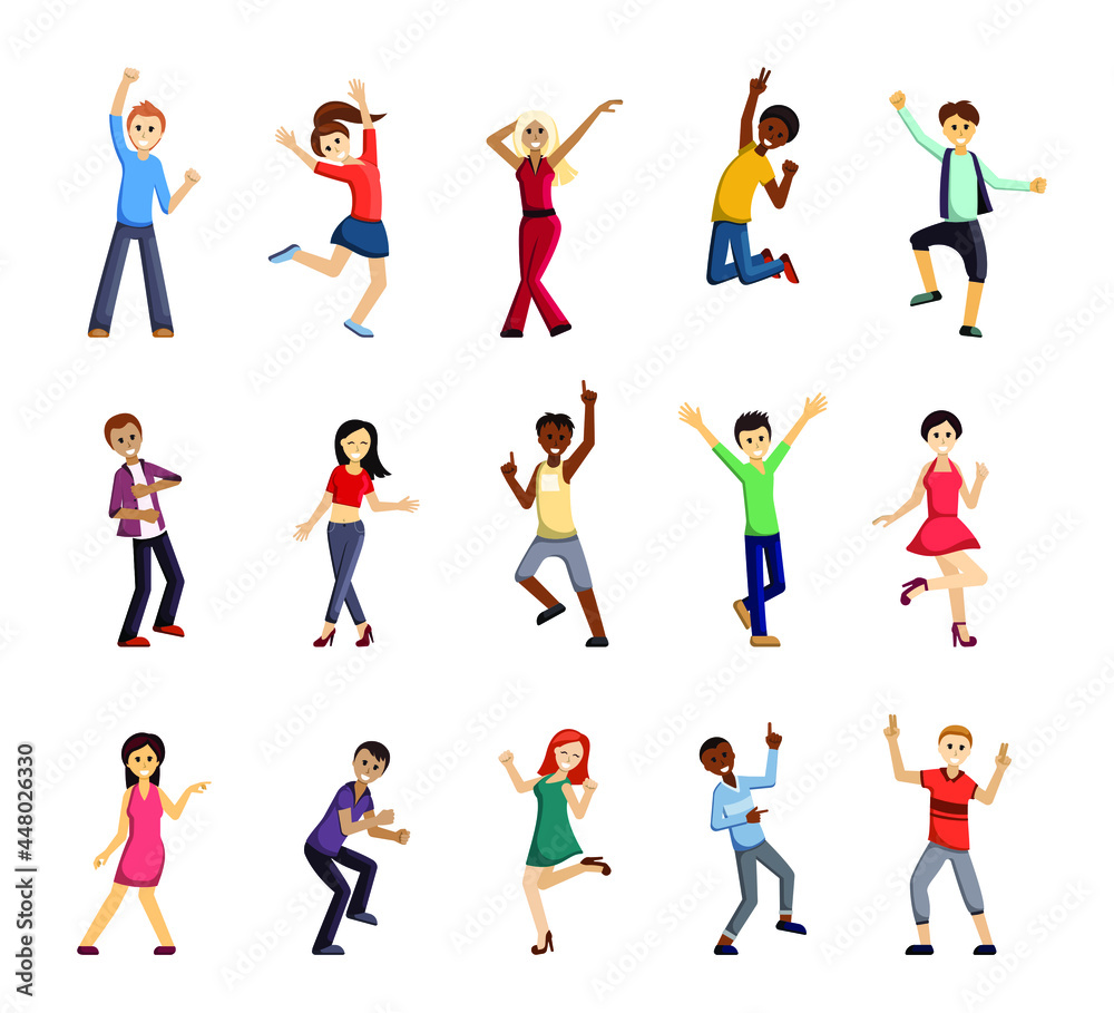 Dancing and jump happy people set. Cheerful young women and men excited about party and holidays joyful happiness with celebration birthday and friendship events. Vector cartoon lifestyle.