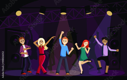 People dancing in disco illustration. Cheerful young characters actively resting nightclub fiery dances in beams glowing spotlights joyful holidays and end working week. Vector cartoon relaxation.