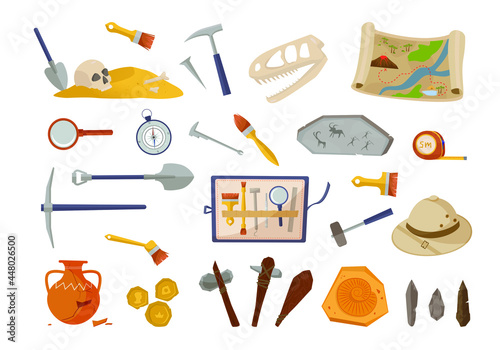 Archaeological inventory and ancient finds set. Pick shovel for excavation with brushes hammer prehistoric tools primitive people with dinosaur skull old gold coins map. Vector excavation.