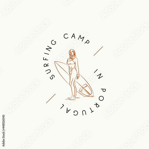 Hand drawn line art minimal travel vector logo design template. Illustration of elegant signs and badges for travel agency, tour operator, photographer, travel blogger.