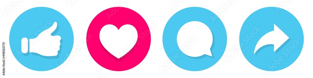 Thumb up, heart, share arrow icon collection. Social media button on blue and red circles. Like or love social media icons for mobile up and websites. Like, hand and heart stock vector elements. Thumb up, heart, share arrow icon collection. Social media button on blue and red circles. Like or love social media icons for mobile up and websites. Like, hand and heart stock vector elements.