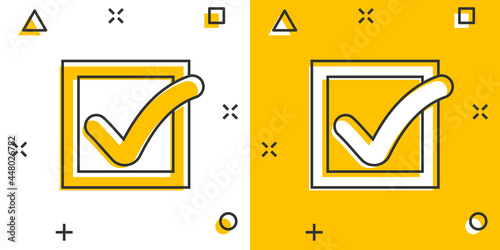 Cartoon check mark icon in comic style. Approved illustration pictogram. Ok sign splash business concept.