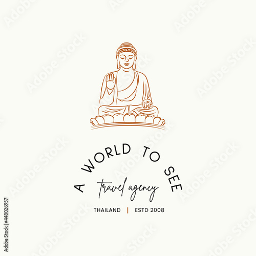 Hand drawn line art minimal travel vector logo design template. Illustration of elegant signs and badges for travel agency, tour operator, photographer, travel blogger.