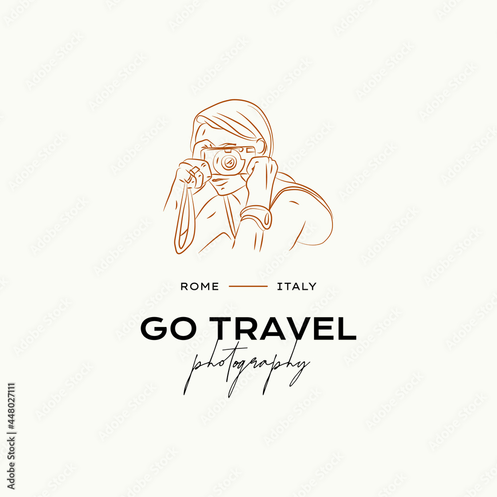Hand drawn line art minimal travel vector logo design template. Illustration of elegant signs and badges for travel agency, tour operator, photographer, travel blogger.