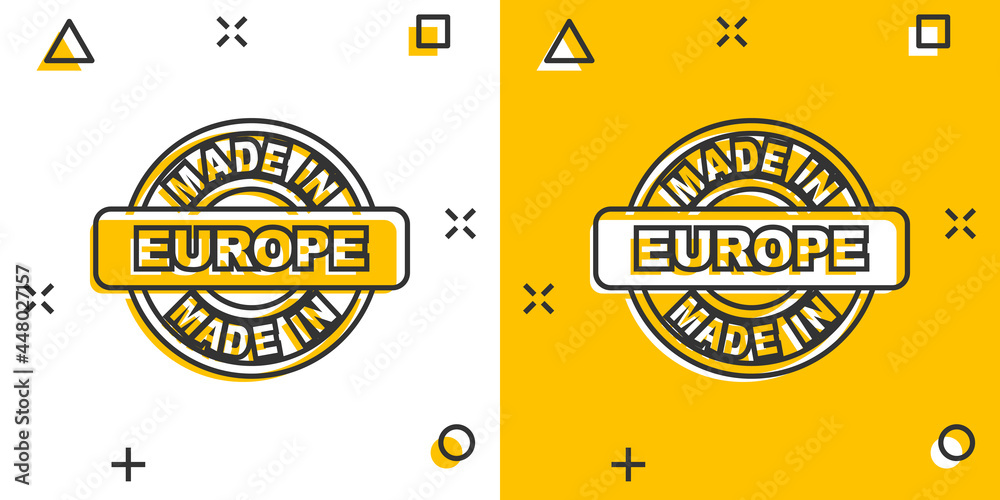 Naklejka premium Cartoon made in Europe icon in comic style. Manufactured illustration pictogram. Produce sign splash business concept.