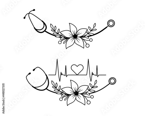 Sign heartbeat in stethoscope with flowers. Vector illustration. Heartbeat logo of clinic or doctor in outline style.