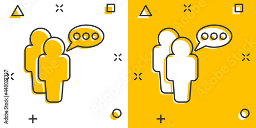 Cartoon people with speach bubble icon in comic style. Person illustration pictogram. Users person sign splash business concept.