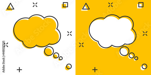 Cartoon thought bubble icon in comic style. Think sign illustration pictogram. Cloud splash business concept.