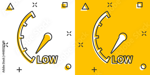 Cartoon low level icon in comic style. Speedometer, tachometer sign illustration pictogram. Risk meter splash business concept.