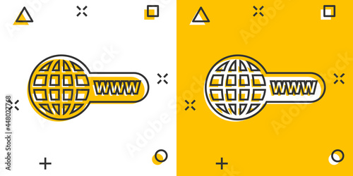 Vector cartoon go to web icon in comic style. Globe world sign illustration pictogram. WWW url business splash effect concept.
