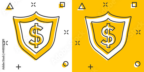 Vector cartoon shield with money icon in comic style. Shield sign illustration pictogram. Dollar business splash effect concept.