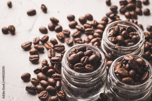 Coffee beans with textured background stock image.