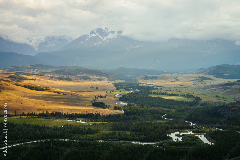 Scenic landscape with vast plateau with mountain river and forest in sunlight on background of snowy mountain ridge under cloudy sky. Green mountain valley in sunshine and mountain range on horizon.