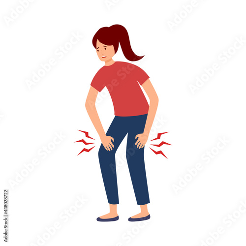Young woman with knee pain symptom in flat design on white background. Female  feel tired her legs and knees concept vector illustration.