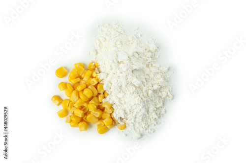 Corn seeds and flour isolated on white background