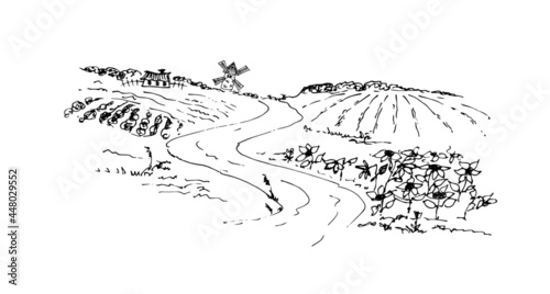 Rural landscape with a mill. Vector line drawing. Sketch.